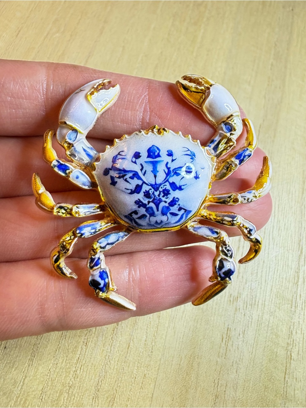Blue & White Porcelain Crab Brooch with Gold Trim